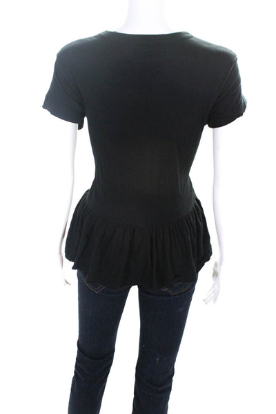 The Great Womens Short Sleeved Round Neck Ruffled Hem T Shirt Top Black Size 0