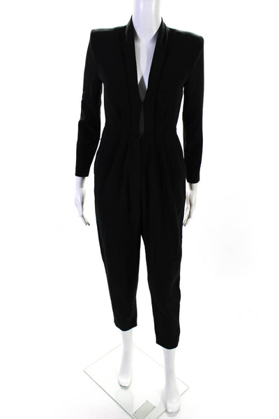 A.L.C. Womens Woven V-Neck Long Sleeved Pleated Ankle Jumpsuit Black Size 2