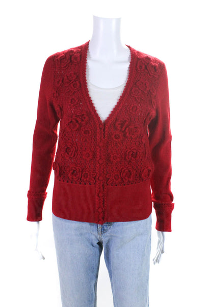 Escada Womens Wool Knit Embroidered Textured Buttoned Cardigan Red Size EUR38