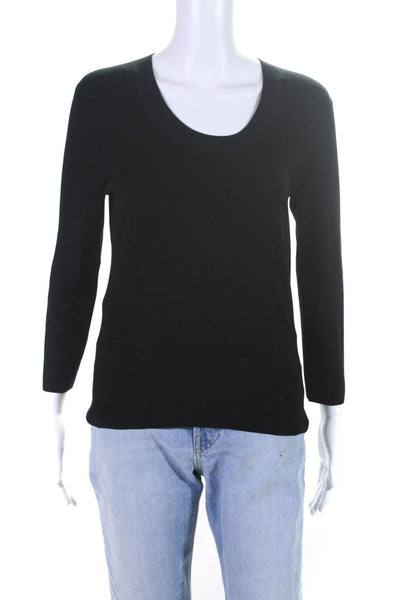 Theory Womens Wool Knit 3/4 Sleeve Ribbed Scoop Neck Shirt Top Black Size M
