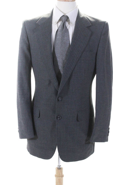 Halston Mens Pinstriped Two Button Blazer Jacket Gray Wool Size 40