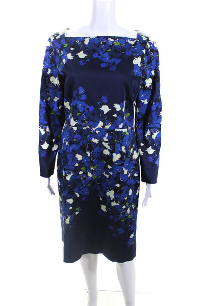 Erdem Womens Cotton Floral Square Neck A-Line Knee Length Dress Blue Size 12