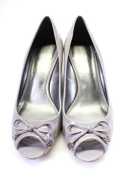 Coach Womens Patent Leather Peep Toe Wooden Heel Wedges Gray Size 8B