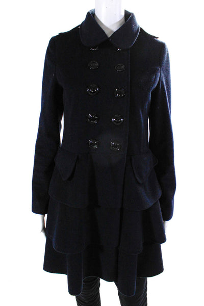 Voglia Womens Double Breasted Collared Buttoned Tiered Coat Navy Blue Size M
