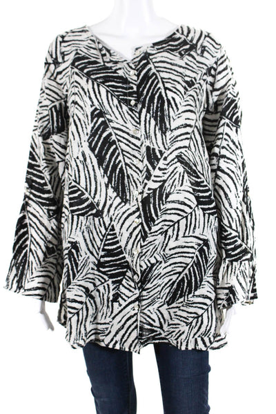 Cynthia Rowley Womens 100% Linen Leaf Print Buttoned Blouse White Black Size 1X