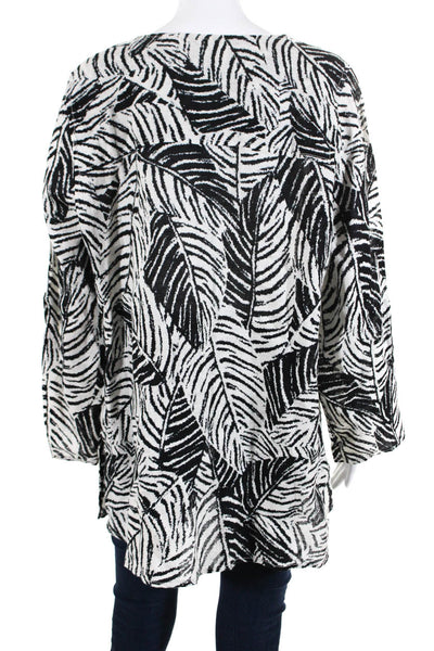 Cynthia Rowley Womens 100% Linen Leaf Print Buttoned Blouse White Black Size 1X