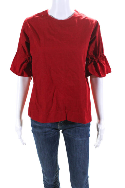 George Tomboy Womens Cotton Round Neck 3/4 Sleeve Zip Up Blouse Top Red Size S