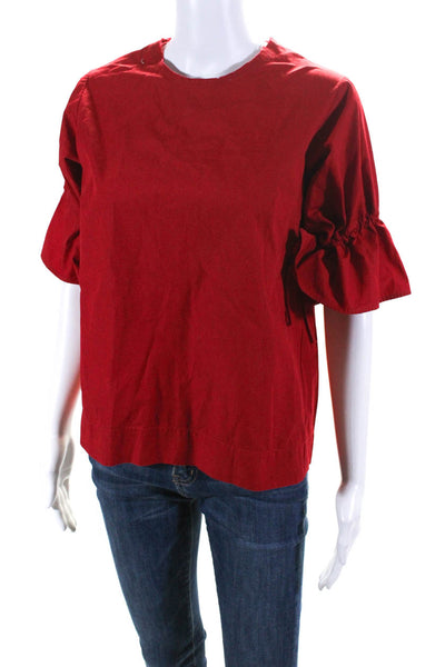 George Tomboy Womens Cotton Round Neck 3/4 Sleeve Zip Up Blouse Top Red Size S