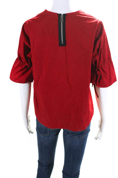 George Tomboy Womens Cotton Round Neck 3/4 Sleeve Zip Up Blouse Top Red Size S