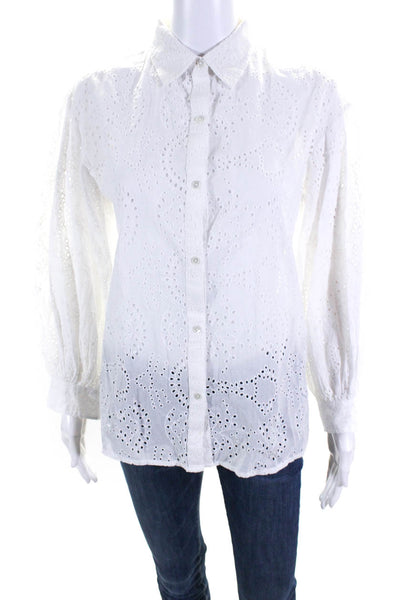 Nili Lotan Womens Cotton Eyelet Long Sleeve Button Up Blouse Top White Size S