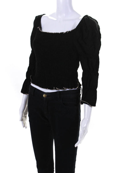 Moon River Womens Ruched Puff Long Flare Sleeve Pullover Blouse Top Black Size L