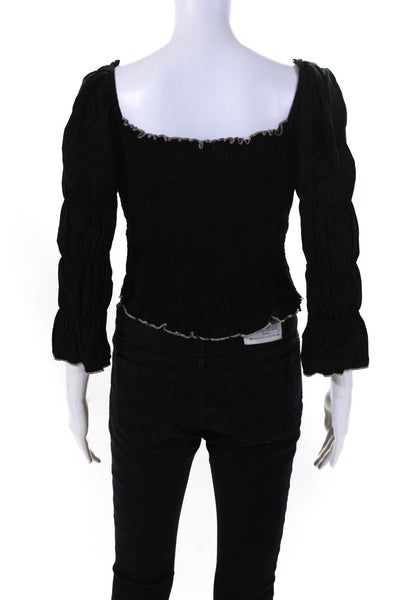 Moon River Womens Ruched Puff Long Flare Sleeve Pullover Blouse Top Black Size L