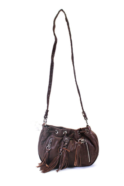 B Makowsky Women's Leather Drawstring Tassel Crossbody Bag Brown