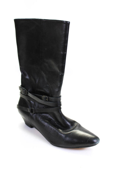 Frye Womens Leather Belted Mid Calf Wedge Boots Black Size 8.5 Medium