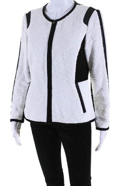 Rebecca Taylor Womens Two-Toned Textured Round Neck Zip Up Blazer White Size 8