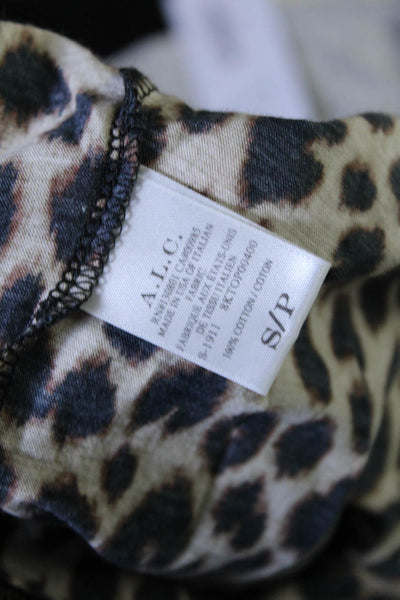 ALC Womens 3/4 Sleeve Crew Neck Leopard Print Shirt Brown Black Size Small