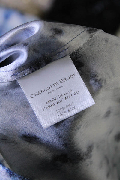 Charlotte Brody Womens Short Sleeve V Neck Abstract Silk Shirt Blue White Medium