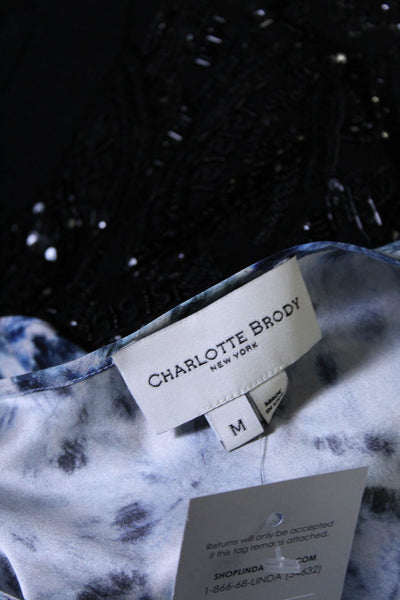 Charlotte Brody Womens Short Sleeve V Neck Abstract Silk Shirt Blue White Medium