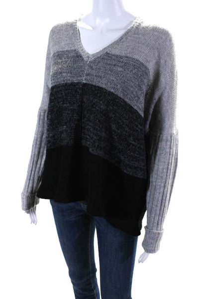 BCBGMAXAZRIA Womens Wool Knit Colorblock Print V-Neck Sweater Gray Black Size M