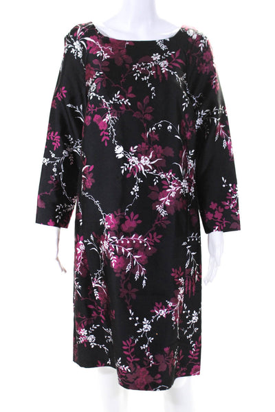 Oscar de la Renta Womens Silk Floral Print Long Sleeve Shift Dress Black Size 10