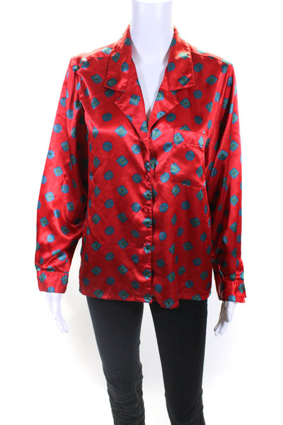 The Vintage Twin Womens Satin Abstract Printed Button Up Blouse Top Red Size 10