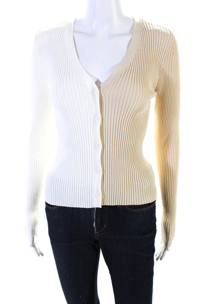 Staud Women's Ribbed Knit Long Sleeve V-Neck Colorblock Top Beige/White Size XS