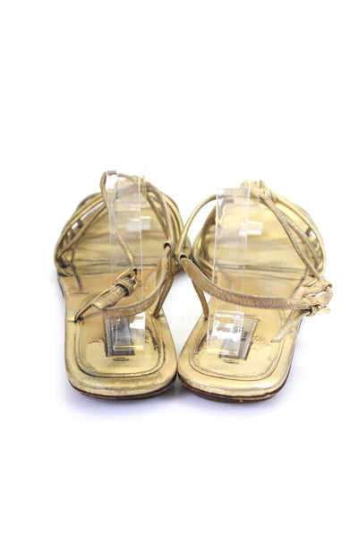 Prada Womens Leather Tied Knot Strappy Square Toe Buckle Sandals Gold Size EUR39