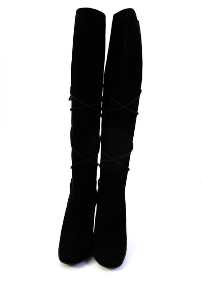 Hermes Womens Suede Lace Up High Heel Knee High Boots Black Size 37.5 7.5