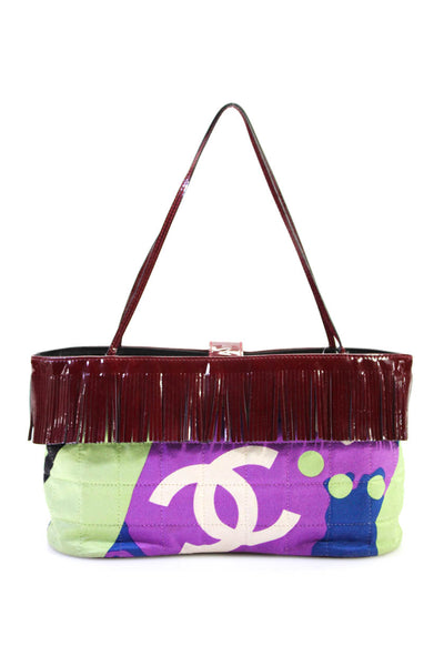 Chanel Womens Fringe Quilted CC Shoulder Handbag Brown Multi Canvas E2300518