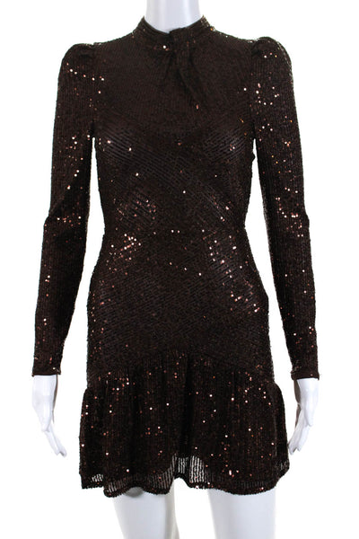 Saylor Women's Long Sleeve Open Back Sequin Mini Dress Brown Size XS
