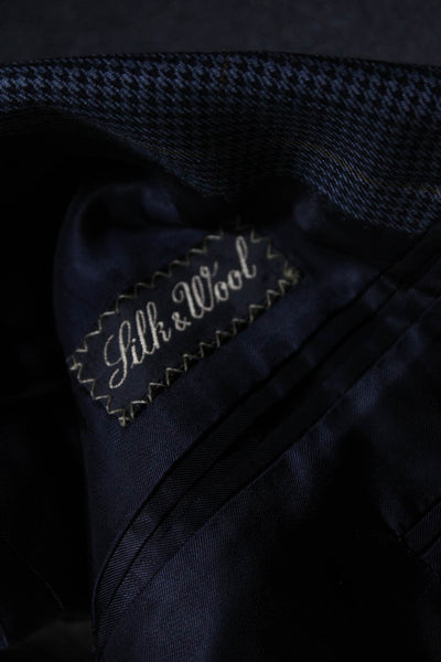 Ermenegildo Zegna Mens Silk Houndstooth Striped Buttoned Blazer Blue Size EUR52