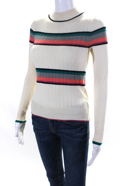 Tome Womens Merino Wool Knit Striped Mock Neck Sweater Top Beige Size M