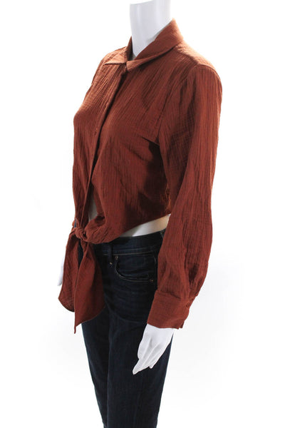 Jonathan Simkhai Womens Cotton Cropped Front-Tie Button-Up Blouse Orange Size XS