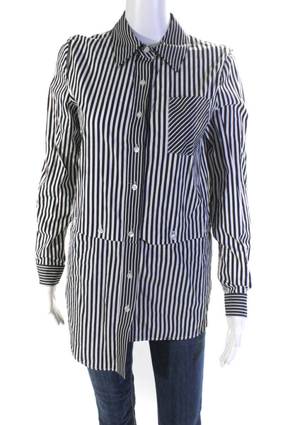 Milly Womens Cotton Striped Print Long Sleeve Button Up Shirt White Black Size M