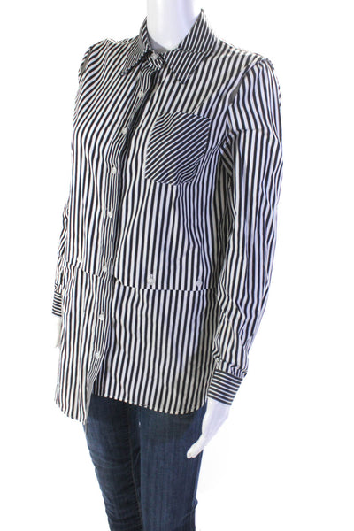 Milly Womens Cotton Striped Print Long Sleeve Button Up Shirt White Black Size M