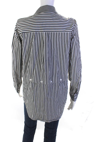 Milly Womens Cotton Striped Print Long Sleeve Button Up Shirt White Black Size M