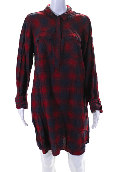 J Crew Womens Plaid Long Sleeved Flannel Button Down Shirt Dress Red Blue Size L