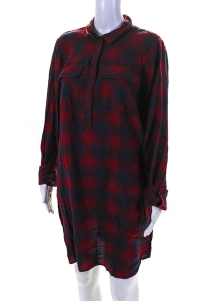 J Crew Womens Plaid Long Sleeved Flannel Button Down Shirt Dress Red Blue Size L