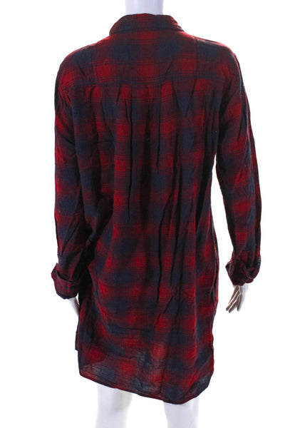 J Crew Womens Plaid Long Sleeved Flannel Button Down Shirt Dress Red Blue Size L