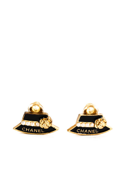 Chanel Womens Womens Gold Tone Black Enamel Faux Pearl Hat Earrings E2300110