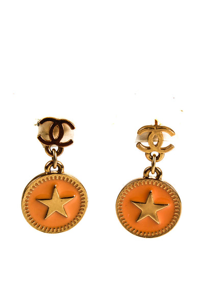 Chanel Womens Gold Tone Peach Enamel CC Star Drop Dangle Earrings E2300118