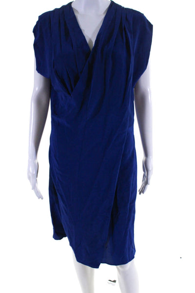 Derek Lam Womens 100% Silk Short Sleeved Pleated V Neck Shift Dress Blue Size 8