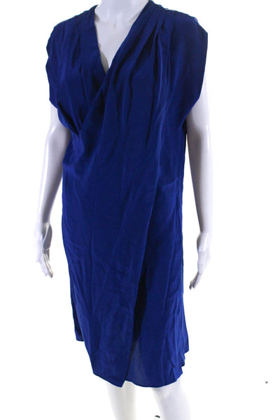 Derek Lam Womens 100% Silk Short Sleeved Pleated V Neck Shift Dress Blue Size 8