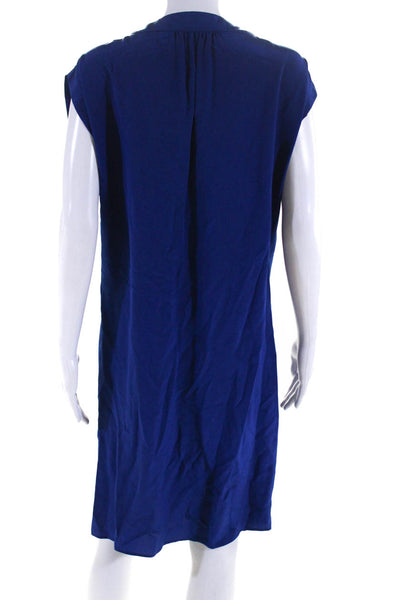 Derek Lam Womens 100% Silk Short Sleeved Pleated V Neck Shift Dress Blue Size 8