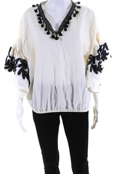 Kaos Womens Short Sleeve V Neck Embroidered Tassel Top White Black Cotton IT 42