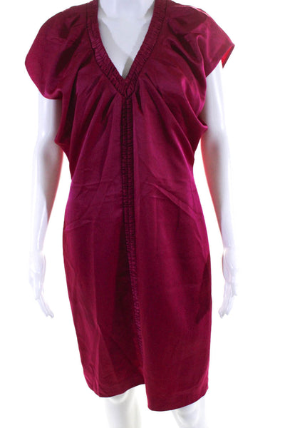 Boss Hugo Boss Womens Back Zip Short Sleeve V Neck Satin Shift Dress Fuschia 8