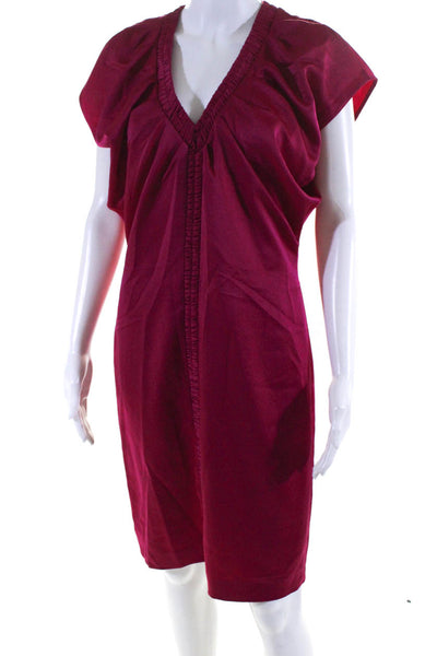 Boss Hugo Boss Womens Back Zip Short Sleeve V Neck Satin Shift Dress Fuschia 8