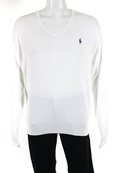 Polo Ralph Lauren Mens Cotton V-Neck Long Sleeve Pullover Sweater White Size L