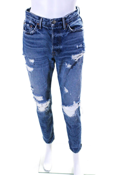 Grlfrnd Womens Cotton Denim Distressed Mid-Rise Straight Leg Jeans Blue Size 26