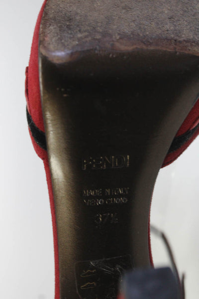 Fendi Womens Suede Ruffled Ribbon Peep Toe Ankle Strap High Heels Red Size 7.5